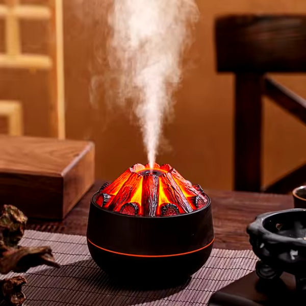 Wood Grain USB Mini Humidifier with Charcoal Flame Light Effect– Quiet & Efficient