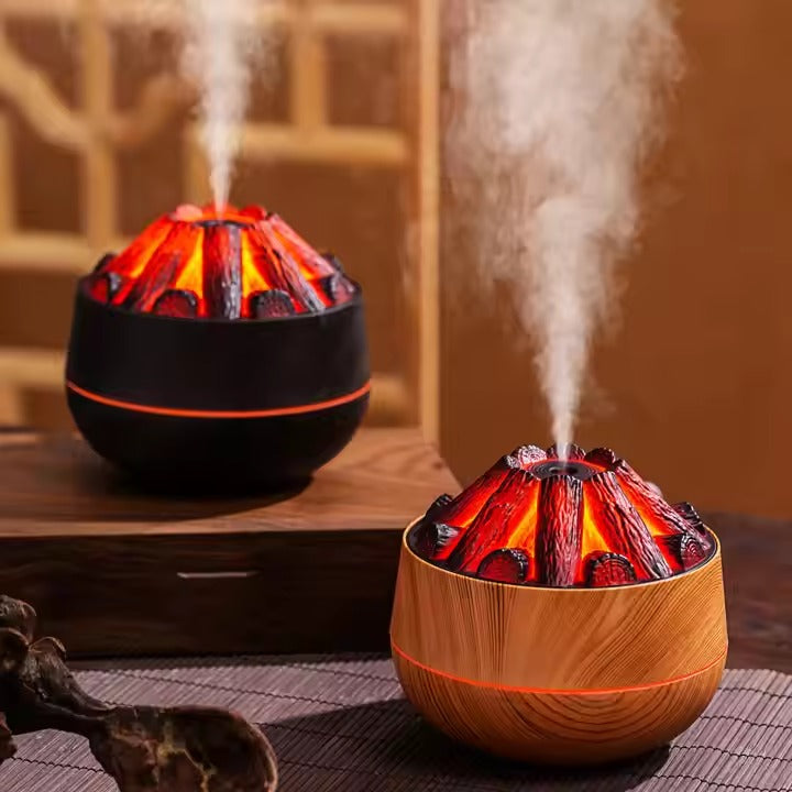 Wood Grain USB Mini Humidifier with Charcoal Flame Light Effect– Quiet & Efficient